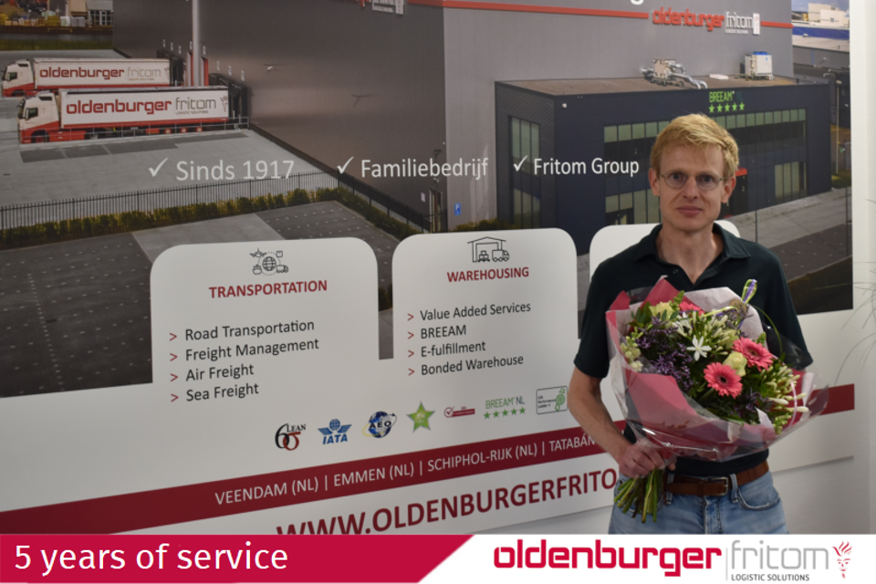 Pieter-Jan van der Laan celebrates 5 years of service at Oldenburger|Fritom.